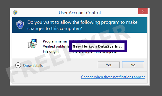 Screenshot where New Horizon DataSys Inc. appears as the verified publisher in the UAC dialog